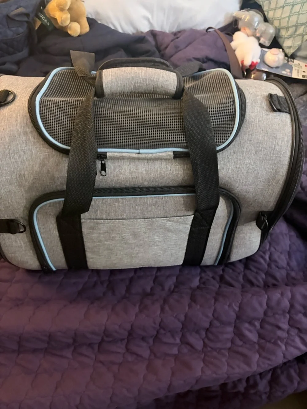 Grey Nylon pet carrier Travel Duffel with Light Blue Trim